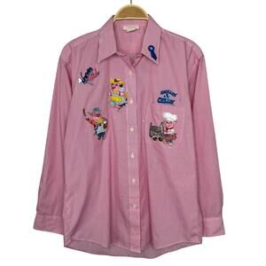 Vintage Tia Designs Button Up Women Medium Red Stripe Embroidered Pigs BBQ Theme